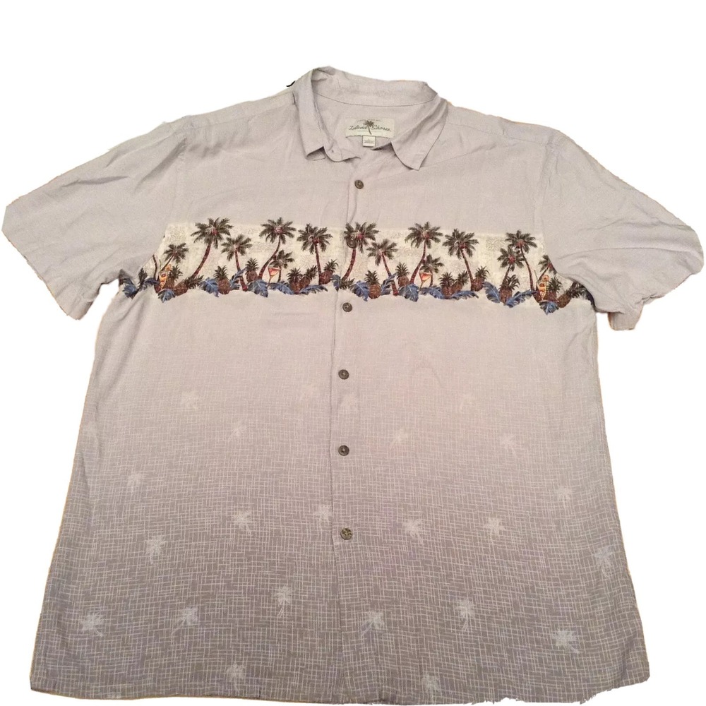 Island Shores Mens Gray Rayon Tropical Palm Tree Embroidered Button Down Shirt L